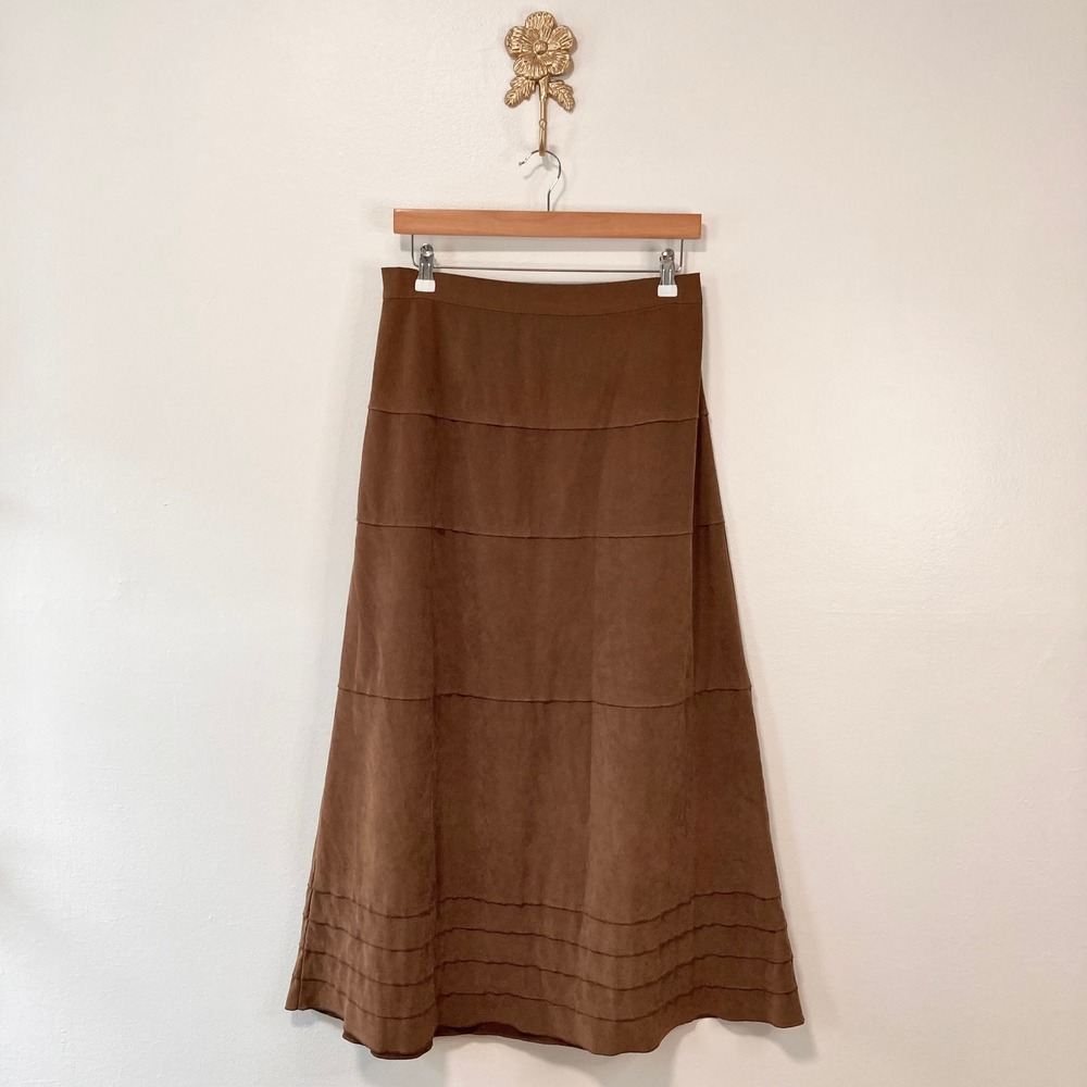 Western Faux Suede Brown Tiered Maxi Skirt Denim & Co S Boho Cottagecore Prairie
